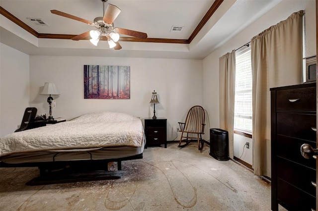 10633 NW 38th St, Yukon, OK 73099 - bedroom with a tray ceiling, ornamental molding, multiple windows, and a ceiling fan