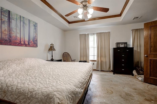 10633 NW 38th St, Yukon, OK 73099 - bedroom with a tray ceiling, crown molding, ceiling fan, and unfinished concrete flooring