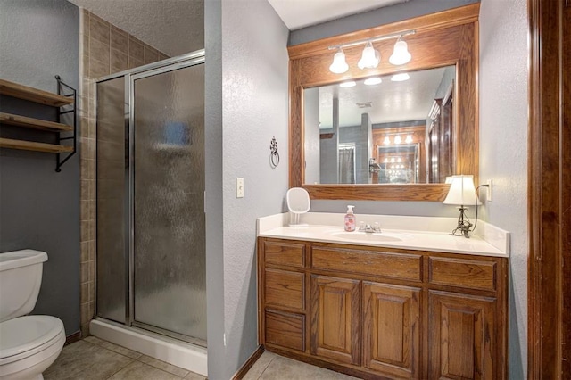 10633 NW 38th St, Yukon, OK 73099 - full bathroom featuring a stall shower, vanity, tile patterned flooring, and a textured wall