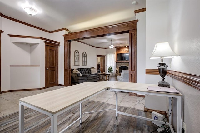 10633 NW 38th St, Yukon, OK 73099 - office area with crown molding, a fireplace, and ceiling fan