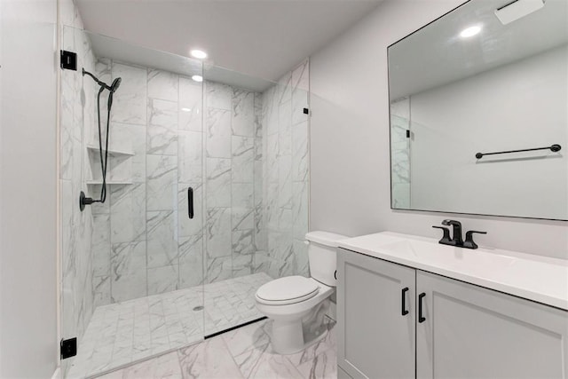 1317 E Boyd St, Norman, OK 73071 - full bath featuring marble look tile flooring, vanity, a marble finish shower, and recessed lighting