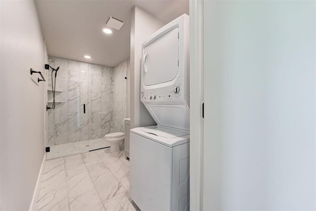 1317 E Boyd St, Norman, OK 73071 - full bathroom with estacked washer and dryer, marble look tiles, a marble finish shower, and recessed lighting