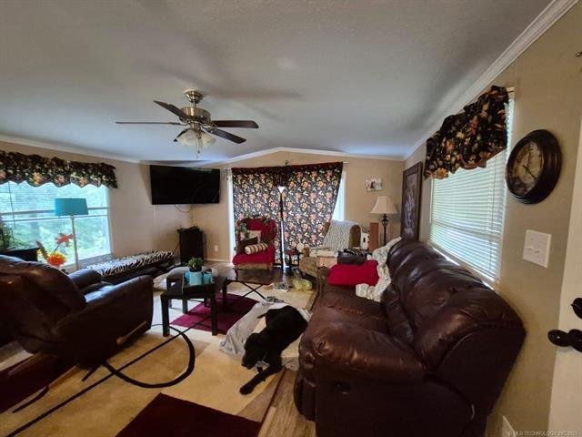 2908 Harber Loop, Grove, OK 74020 - living area with a ceiling fan, crown molding, and lofted ceiling