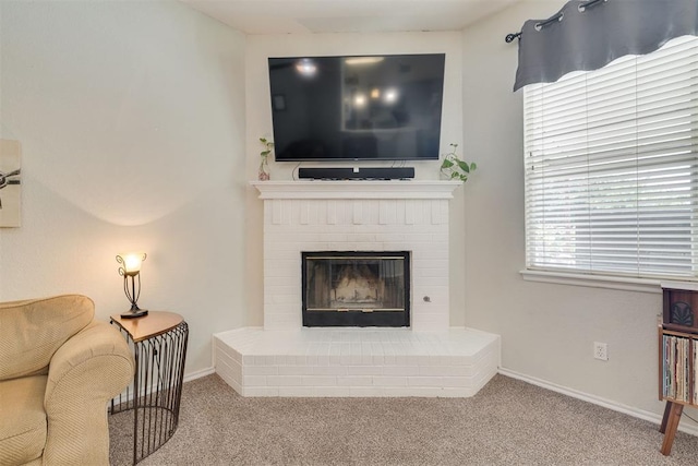 2725 NW 162nd St, Edmond, OK 73013 - living room featuring carpet and a brick fireplace