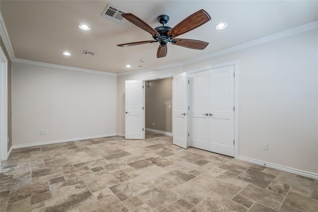 6704 Tall Oaks Dr, Oklahoma City, OK 73127 - unfurnished bedroom with crown molding, light stone finish floors, recessed lighting, and a ceiling fan