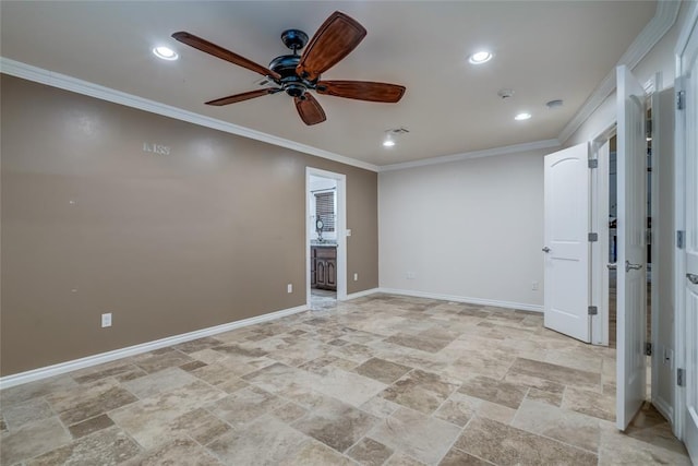 6704 Tall Oaks Dr, Oklahoma City, OK 73127 - spare room featuring ceiling fan, crown molding, recessed lighting, and light stone finish floors