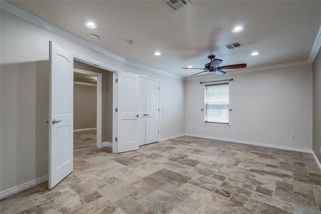 6704 Tall Oaks Dr, Oklahoma City, OK 73127 - unfurnished bedroom featuring light stone finish floors, ornamental molding, recessed lighting, and a ceiling fan