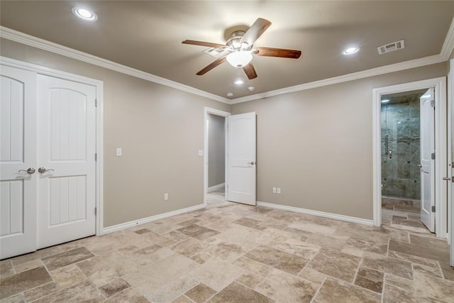 6704 Tall Oaks Dr, Oklahoma City, OK 73127 - unfurnished bedroom featuring light stone finish floors, connected bathroom, crown molding, recessed lighting, and a ceiling fan