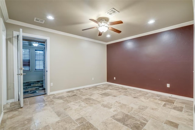 6704 Tall Oaks Dr, Oklahoma City, OK 73127 - unfurnished room with ceiling fan, light stone finish flooring, recessed lighting, and ornamental molding