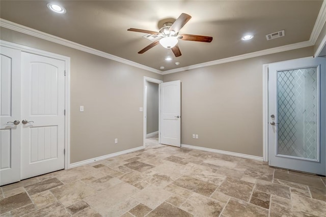 6704 Tall Oaks Dr, Oklahoma City, OK 73127 - unfurnished bedroom with light stone finish flooring, ornamental molding, recessed lighting, and ceiling fan