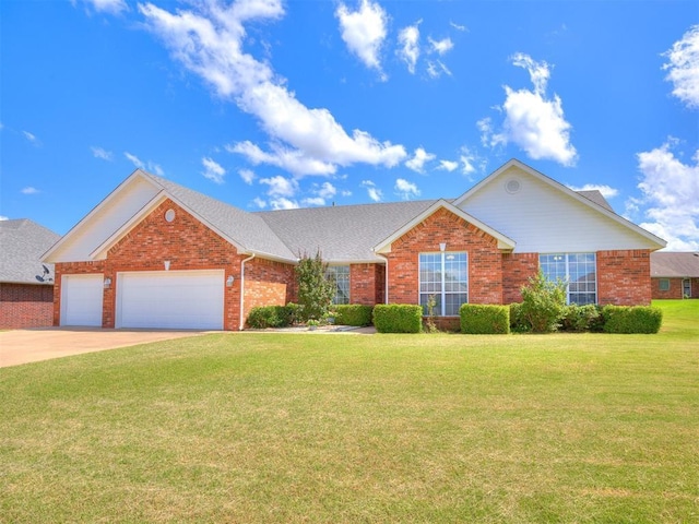 1405 Cambridge Ct, Shawnee, OK 74804 - view of front of home with brick siding, a garage, a front lawn, and concrete driveway