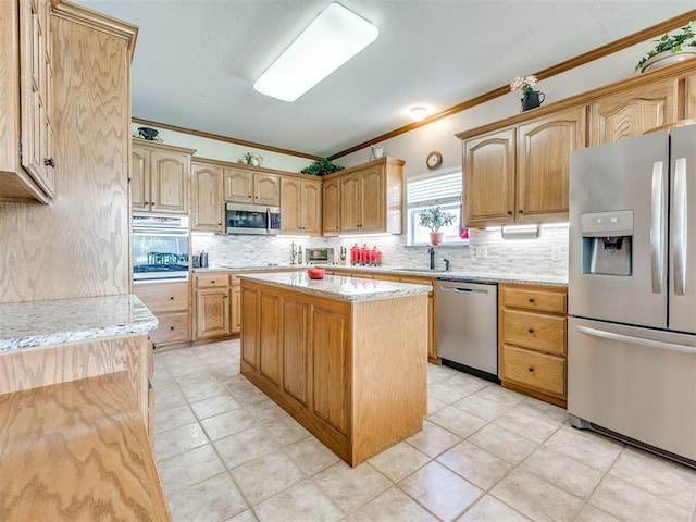 1405 Cambridge Ct, Shawnee, OK 74804 - kitchen with stainless steel appliances, ornamental molding, decorative backsplash, a center island, and light tile patterned floors