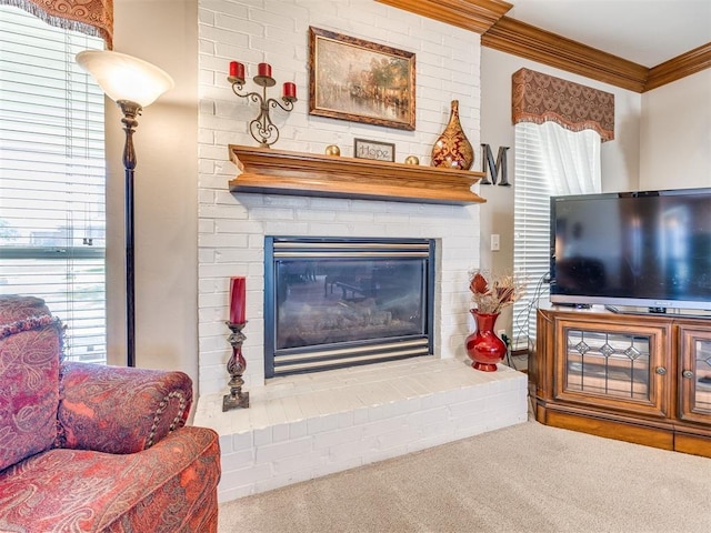1405 Cambridge Ct, Shawnee, OK 74804 - living room featuring carpet, crown molding, and a fireplace