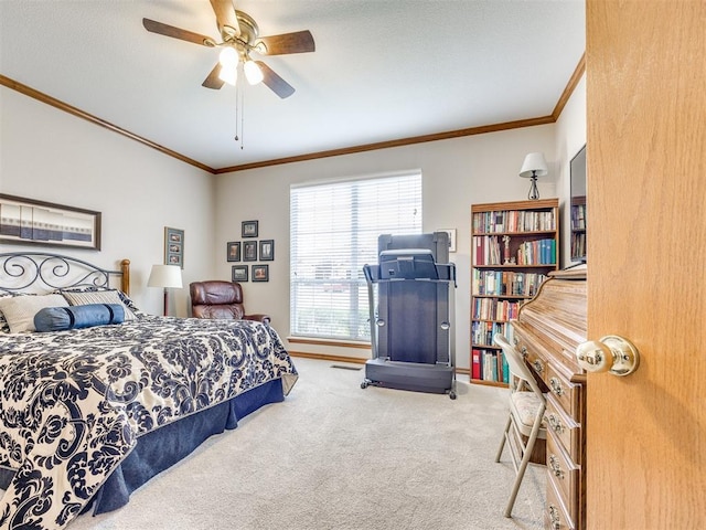 1405 Cambridge Ct, Shawnee, OK 74804 - bedroom featuring crown molding, carpet floors, and a ceiling fan