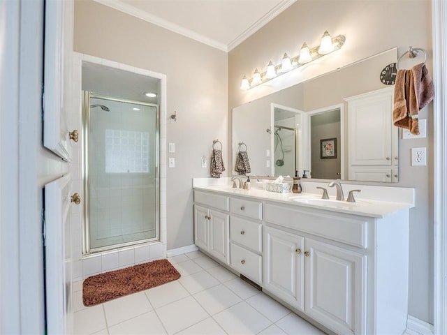 1405 Cambridge Ct, Shawnee, OK 74804 - bathroom with double vanity, a stall shower, crown molding, and tile patterned floors