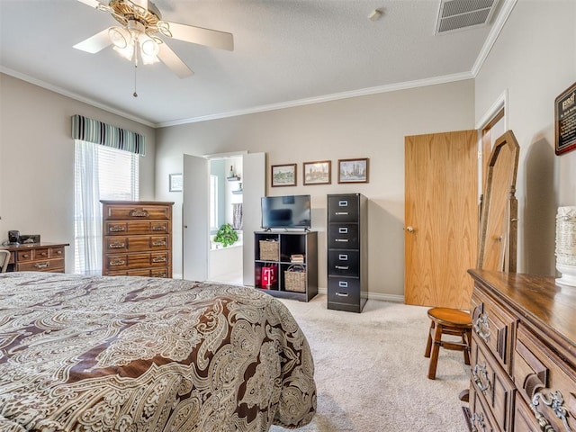 1405 Cambridge Ct, Shawnee, OK 74804 - bedroom with light colored carpet, crown molding, and a ceiling fan