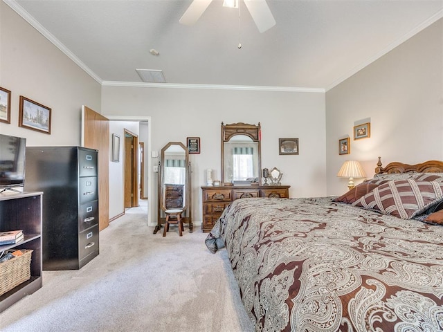 1405 Cambridge Ct, Shawnee, OK 74804 - bedroom featuring light carpet, crown molding, and ceiling fan