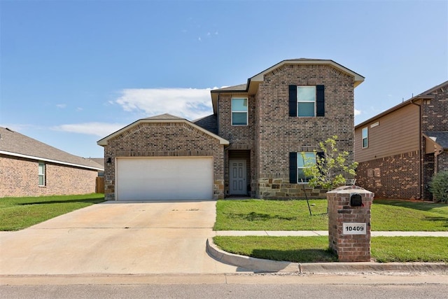 10409 NW 25th St, Yukon, OK 73099 - traditional-style home with a garage, concrete driveway, brick siding, a front yard, and stone siding