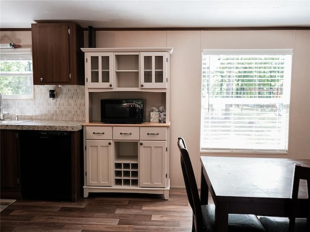 16940 Wildwood Dr, Lexington, OK 73051 - kitchen with black appliances, dark wood-style floors, open shelves, and light countertops