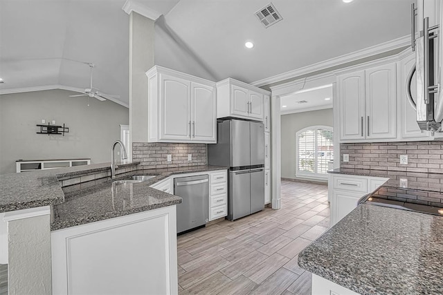 517 N Quail Run, Altus, OK 73521 - kitchen featuring stainless steel appliances, crown molding, lofted ceiling, a peninsula, and ceiling fan
