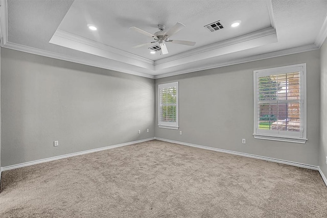 517 N Quail Run, Altus, OK 73521 - empty room with a raised ceiling, ornamental molding, ceiling fan, carpet, and a textured ceiling