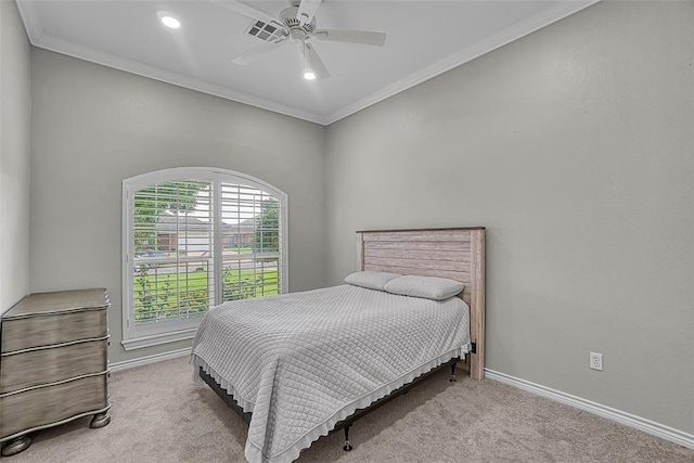 517 N Quail Run, Altus, OK 73521 - bedroom with carpet floors, ornamental molding, recessed lighting, and a ceiling fan