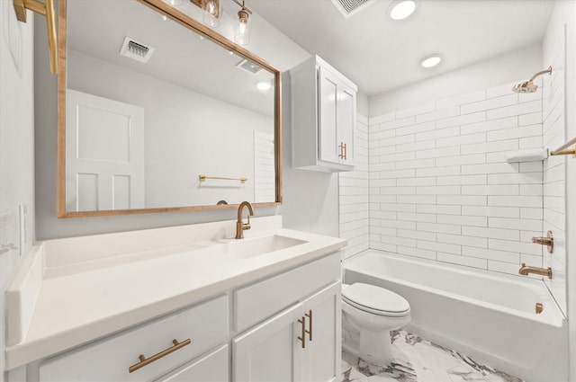 17717 Boling Farm Rd, Edmond, OK 73012 - full bath featuring vanity, marble look tiles, tub / shower combination, and recessed lighting