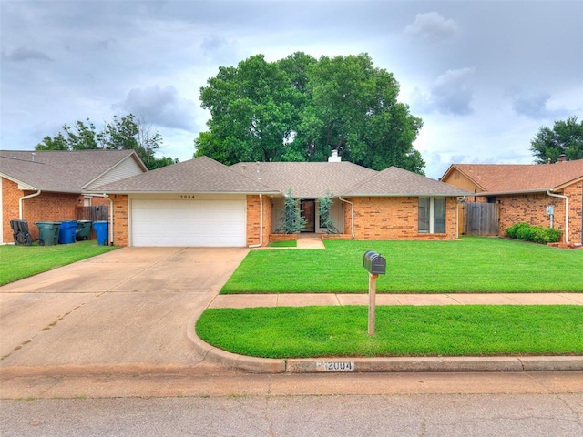 2004 Tanglewood Dr, Edmond, OK 73013 - ranch-style home featuring brick siding, an attached garage, driveway, a chimney, and a shingled roof