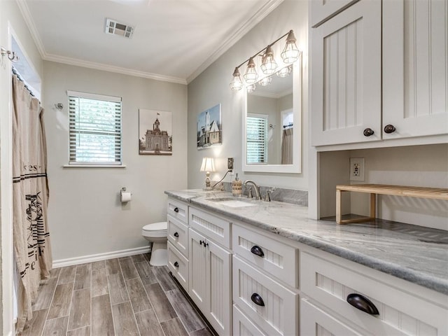 1616 E Cottonwood Rd, Goldsby, OK 73093 - bathroom with vanity, ornamental molding, wood finished floors, and a shower with curtain