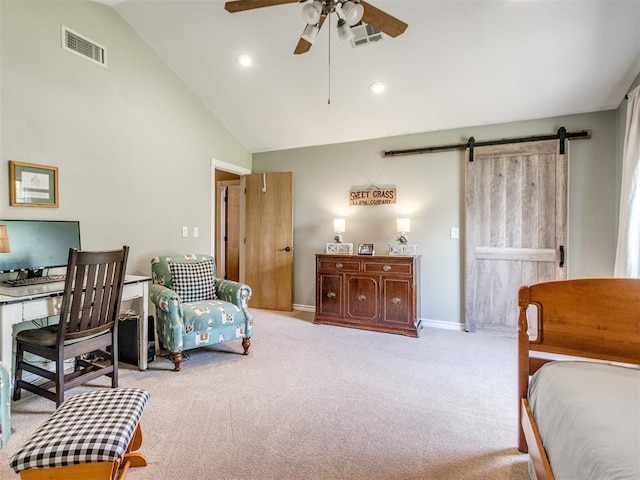 1616 E Cottonwood Rd, Goldsby, OK 73093 - carpeted bedroom with a barn door, lofted ceiling, recessed lighting, and a ceiling fan