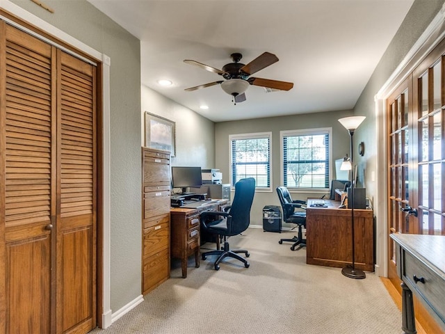 1616 E Cottonwood Rd, Goldsby, OK 73093 - office area featuring a ceiling fan, light colored carpet, and recessed lighting