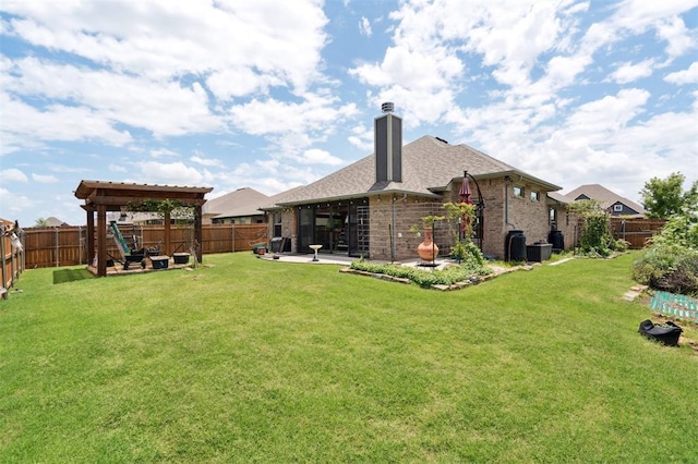 9233 NW 91st St, Yukon, OK 73099 - rear view of house featuring a patio, a fenced backyard, a chimney, and brick siding
