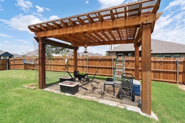 9233 NW 91st St, Yukon, OK 73099 - fenced backyard with an outdoor fire pit, a patio, and a pergola