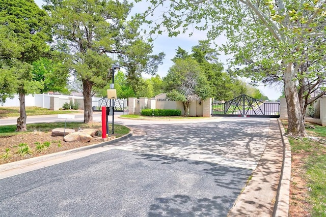 2209 Cedar Pointe Ct, Edmond, OK 73003 - view of asphalt road with a gate, curbs, a gated entry, and street lights