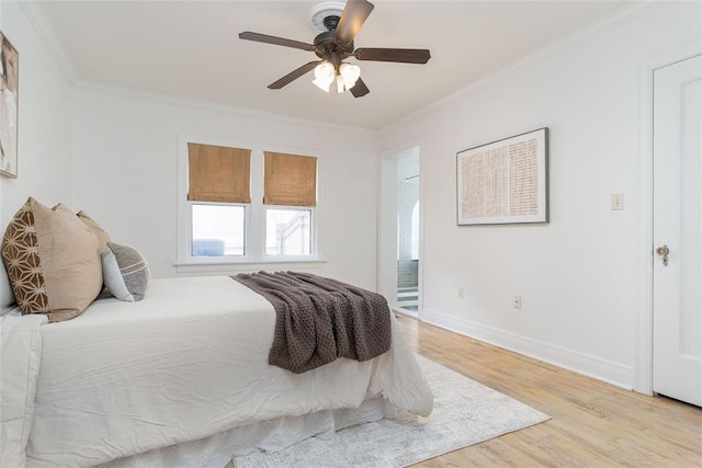 225 NW 35th St, Oklahoma City, OK 73118 - bedroom with ornamental molding, light wood-style flooring, connected bathroom, and ceiling fan