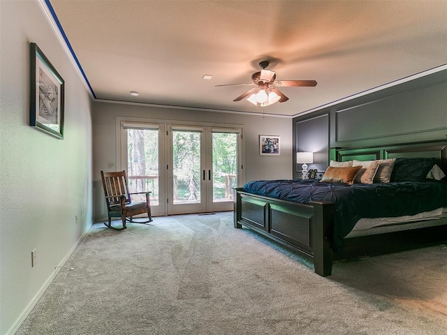 402 Hunters Ct, Edmond, OK 73034 - bedroom featuring french doors, light colored carpet, access to exterior, crown molding, and a ceiling fan