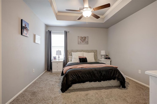 4004 Brougham Way, Oklahoma City, OK 73179 - carpeted bedroom featuring a raised ceiling, crown molding, and ceiling fan