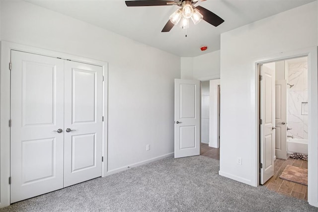 4204 Chesterfield Pl, Oklahoma City, OK 73179 - unfurnished bedroom featuring carpet flooring, a closet, ceiling fan, and ensuite bath