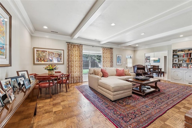 living area featuring beam ceiling, recessed lighting, and crown molding