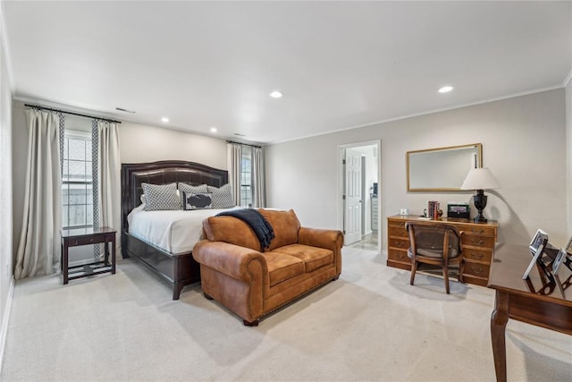 bedroom featuring carpet floors, multiple windows, recessed lighting, and ornamental molding