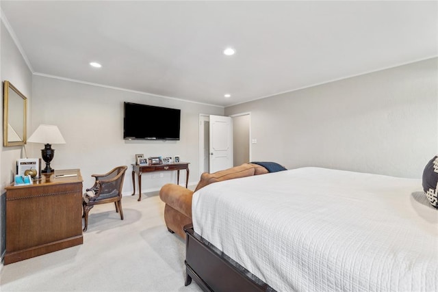 bedroom with light carpet, crown molding, and recessed lighting