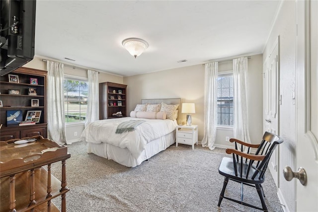 bedroom featuring multiple windows and carpet flooring