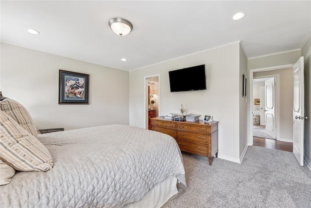 bedroom featuring ornamental molding, carpet floors, and recessed lighting