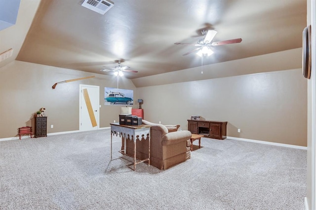 405 Kingsgate Rd, Yukon, OK 73099 - carpeted living area featuring a ceiling fan and vaulted ceiling