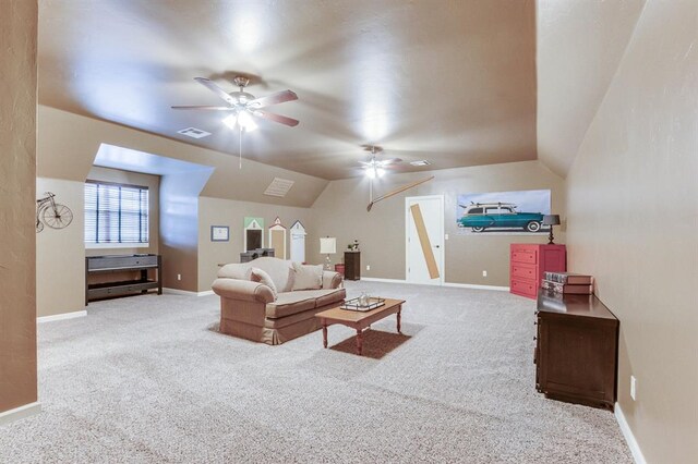 405 Kingsgate Rd, Yukon, OK 73099 - carpeted living area featuring ceiling fan and lofted ceiling