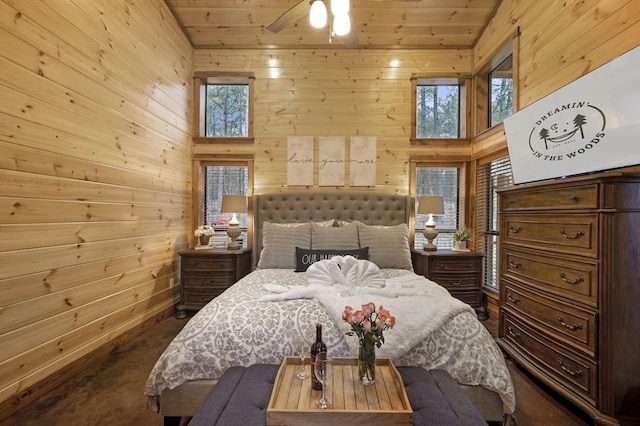 944 Camp Ranch Rd, Broken Bow, OK 74728 - bedroom with wooden walls, a towering ceiling, and wood ceiling