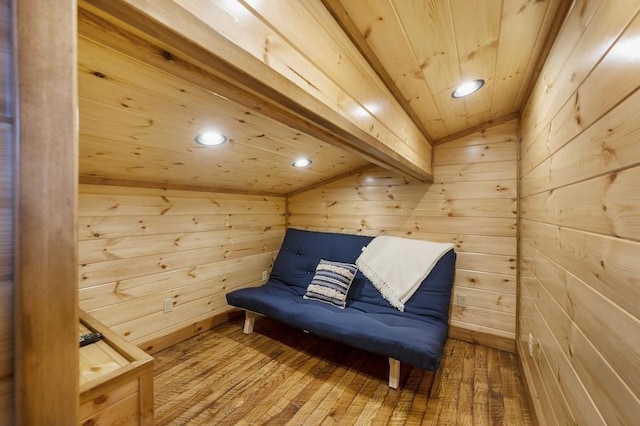 944 Camp Ranch Rd, Broken Bow, OK 74728 - living area with a sauna, hardwood / wood-style flooring, wood ceiling, vaulted ceiling, and wood walls