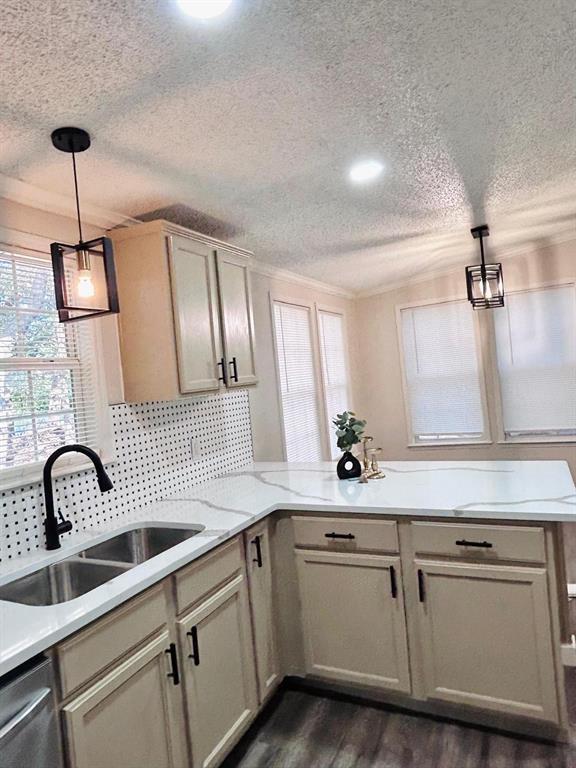 13001 Fox Pass Rd, Edmond, OK 73034 - kitchen with a textured ceiling, a peninsula, dark wood-type flooring, light countertops, and stainless steel dishwasher