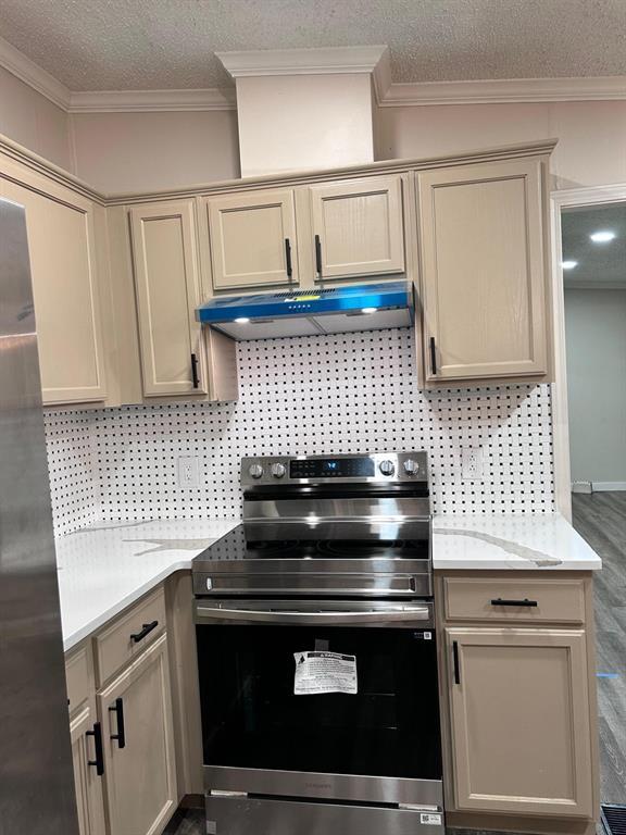 13001 Fox Pass Rd, Edmond, OK 73034 - kitchen featuring appliances with stainless steel finishes, under cabinet range hood, ornamental molding, and a textured ceiling