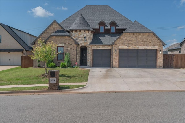 8908 NW 130th St, Oklahoma City, OK 73142 - french country inspired facade with concrete driveway, brick siding, an attached garage, and roof with shingles